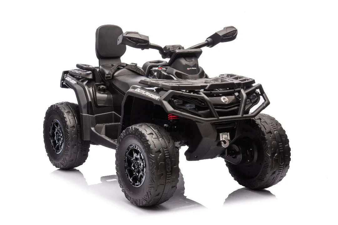 24V 800W black Can-Am Outlander 2-seater 4x4 ATV quad bike for kids with rugged tires and high-back seats