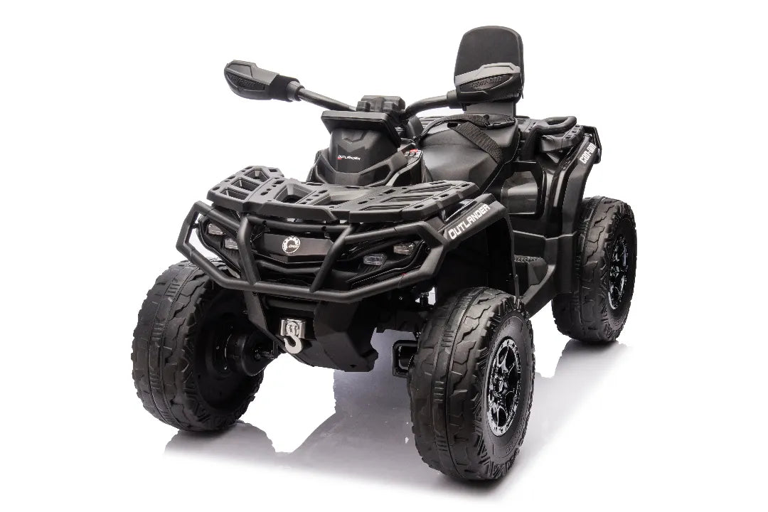 24V 800W black licensed Can-Am Outlander 2-seater 4x4 ATV quad bike for kids with rugged tires and front storage rack