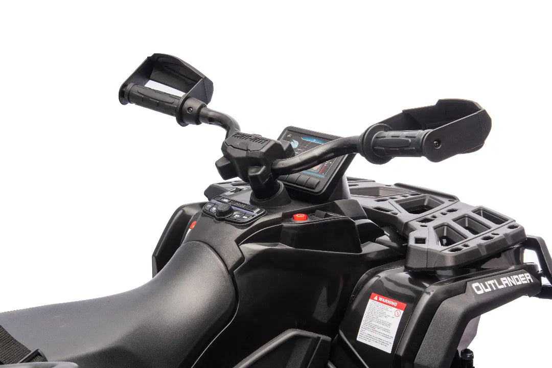 Close-up of black handlebars and digital dashboard on 24V 800W licensed Can-Am Outlander 2-seater 4x4 ATV quad bike