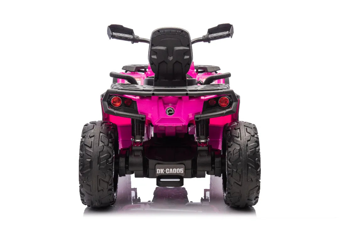 Rear view of licensed Barbie pink 24V Can-Am Outlander Monster 2-seater ride-on quad with rugged tires and mirrors