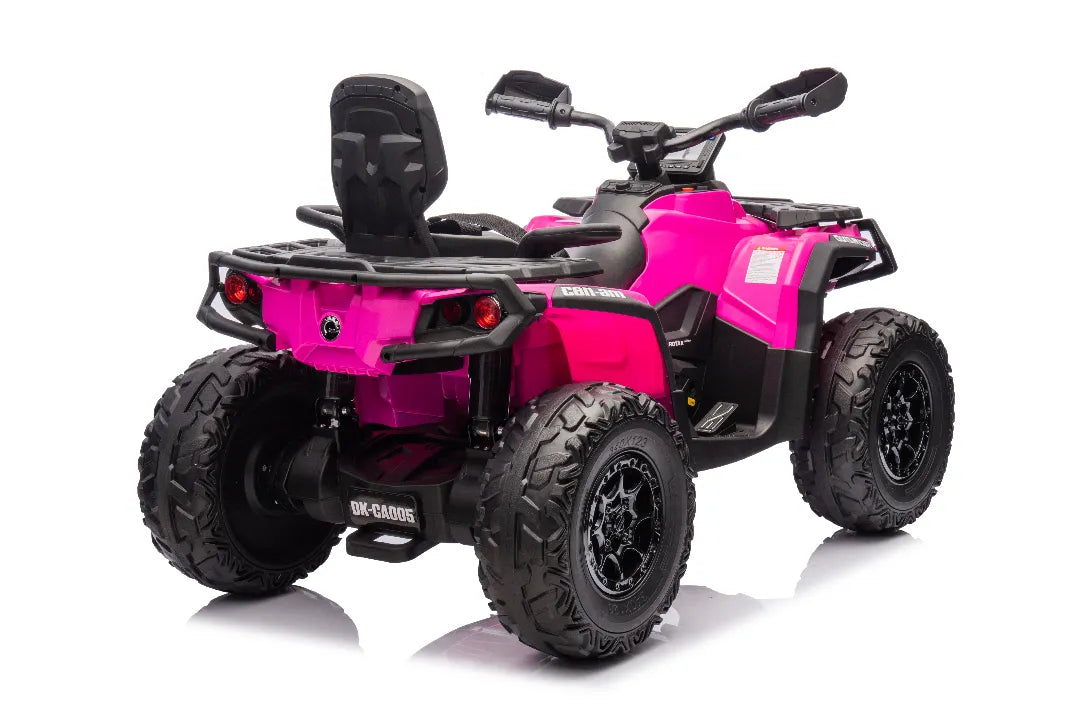 Rear view of licensed Barbie pink 24V Can-Am Outlander Monster 2-seater ride-on quad with rugged tires and seat backrest