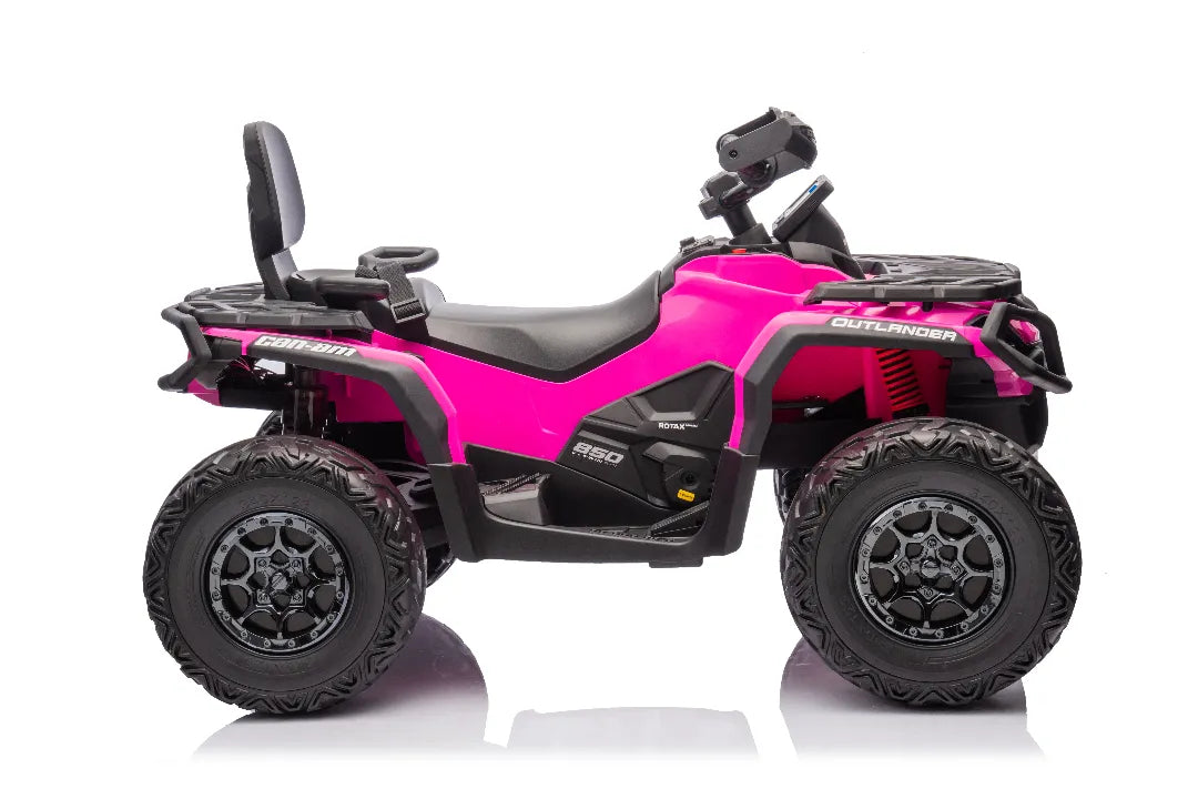 Licensed 24V Barbie pink Can-Am Outlander Monster 2-seater ride-on quad with rugged tires and detailed design