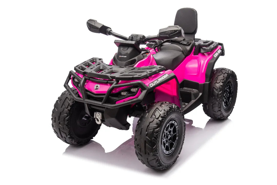 Licensed Barbie pink 24V Can-Am Outlander Monster ride-on quad with black accents and rugged tires, 2-seater for kids.