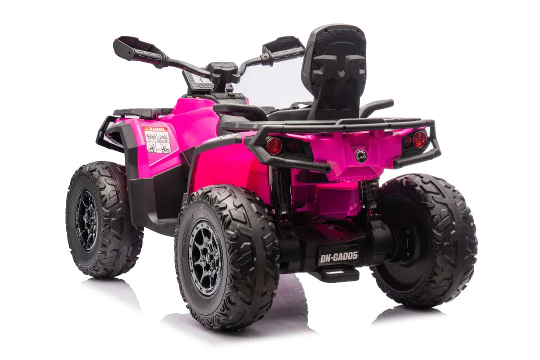 Rear view of licensed Barbie pink 24V Can-Am Outlander Monster 2-seater ride-on quad with rugged tires and black seat