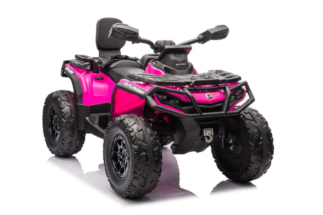 Licensed Barbie pink 24V Can-Am Outlander Monster 2-seater ride-on quad with four rugged tires and black storage racks