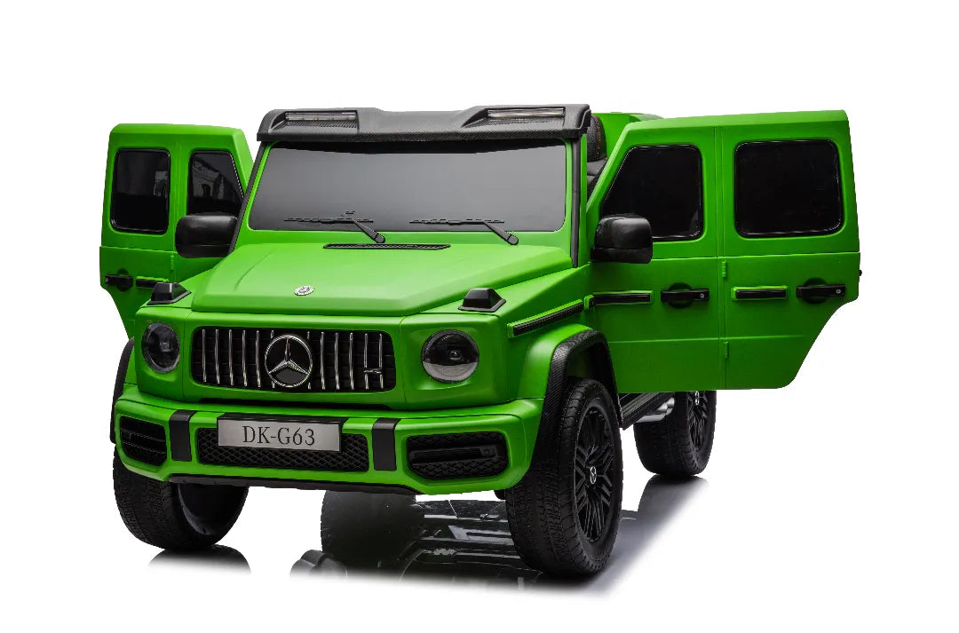 Green 24V 14Ah licensed Mercedes-AMG G63 kids ride-on car with 800W motor and opening doors, 4x4 drive system