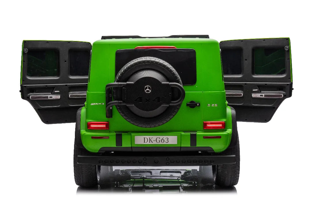 Rear view of green 24V licensed Mercedes-AMG G63 kids ride-on car with open doors and spare tire on trunk