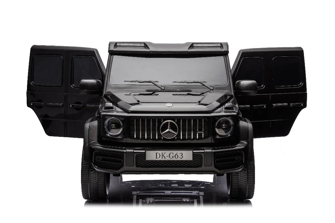 Front view of black 24V 14Ah licensed Mercedes-AMG G63 kids ride-on car with open doors and Mercedes emblem