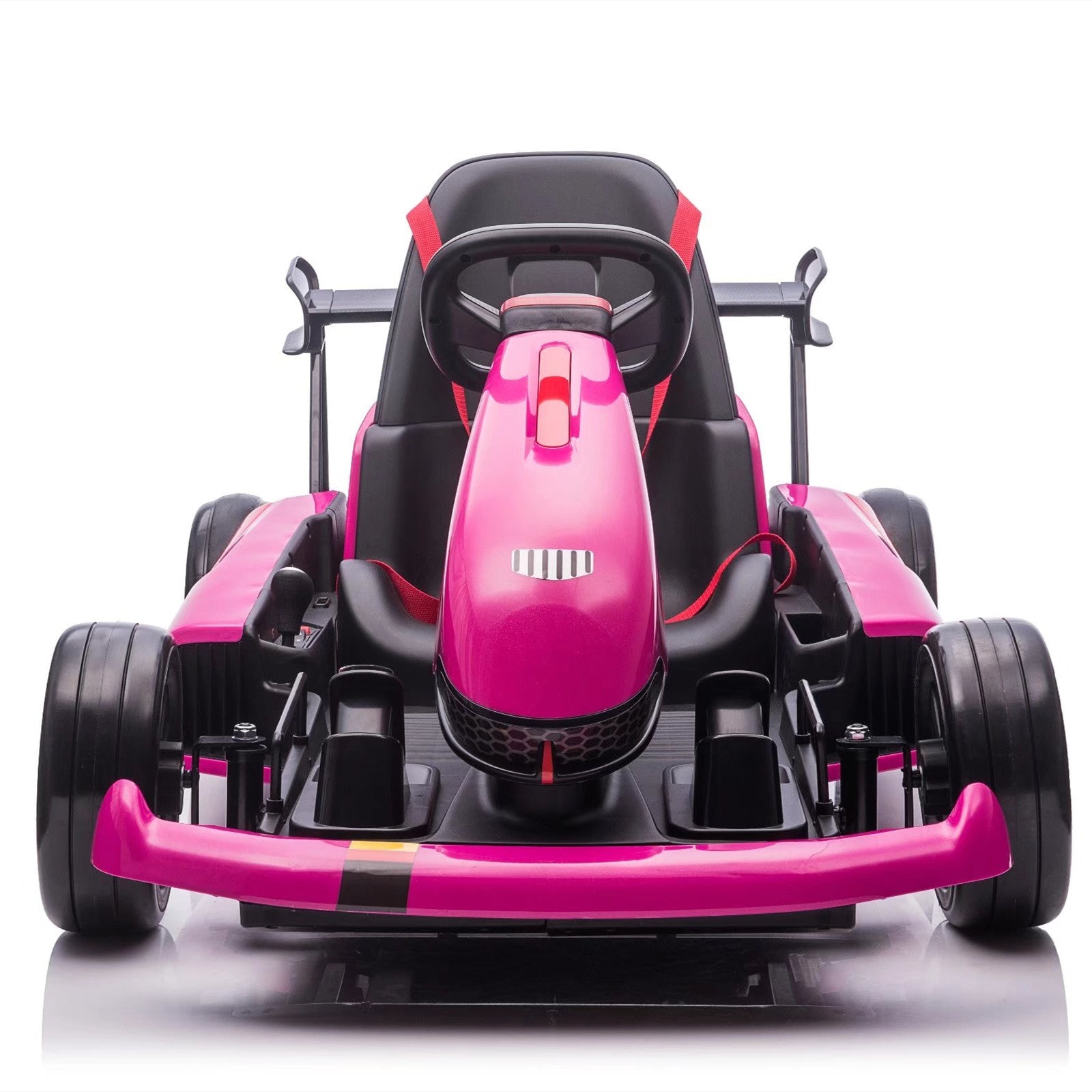 Front view of pink 24V electric go-kart for kids with motorsport design and drift function ride-on car seat
