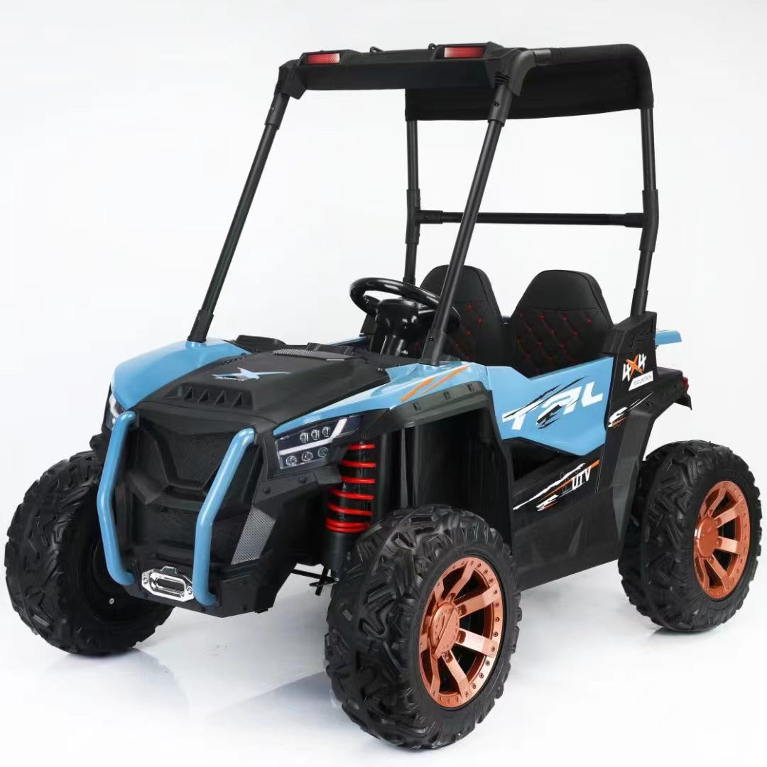 Blue 24V 2-seater UTV beach buggy electric ride-on car for kids with 4WD, rugged tires, and protective roll cage