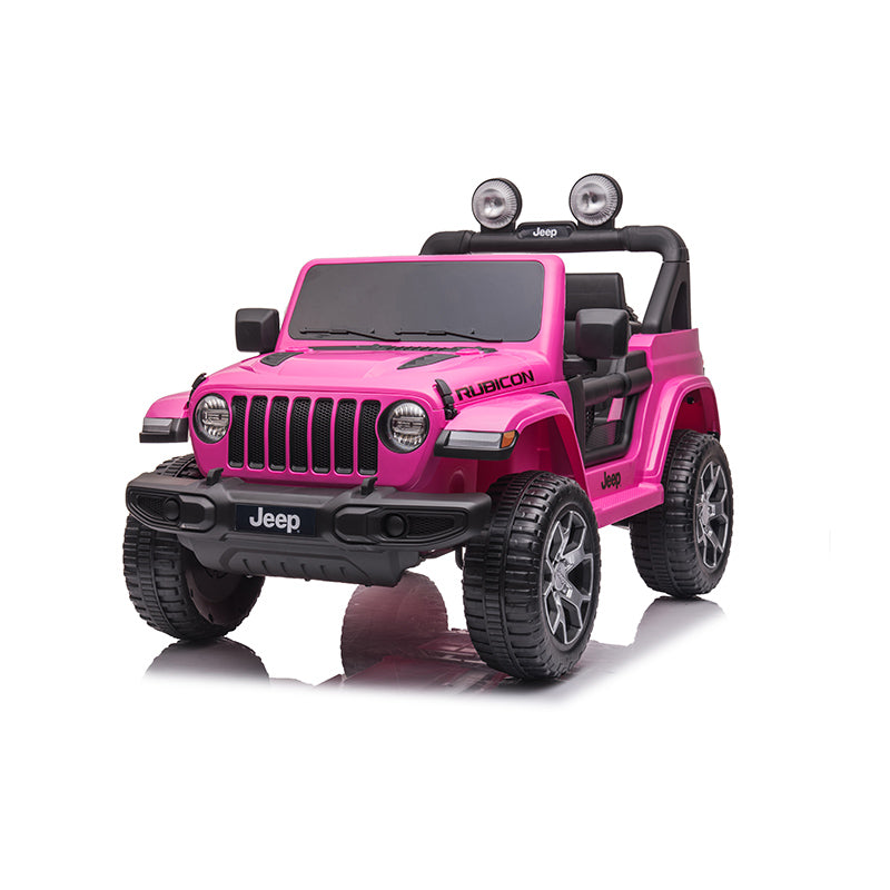 12V 4WD pink Jeep Wrangler Rubicon kids ride-on car with black seats and off-road styled wheels