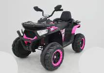 12V pink electric quad bike for kids with 4WD motors, off-road tires, and comfortable black seat