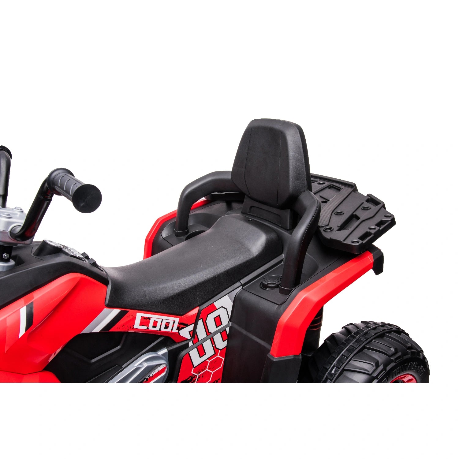 Close-up of black seat and rear cargo rack on red 12V kids ride-on quad bike with rugged black tires