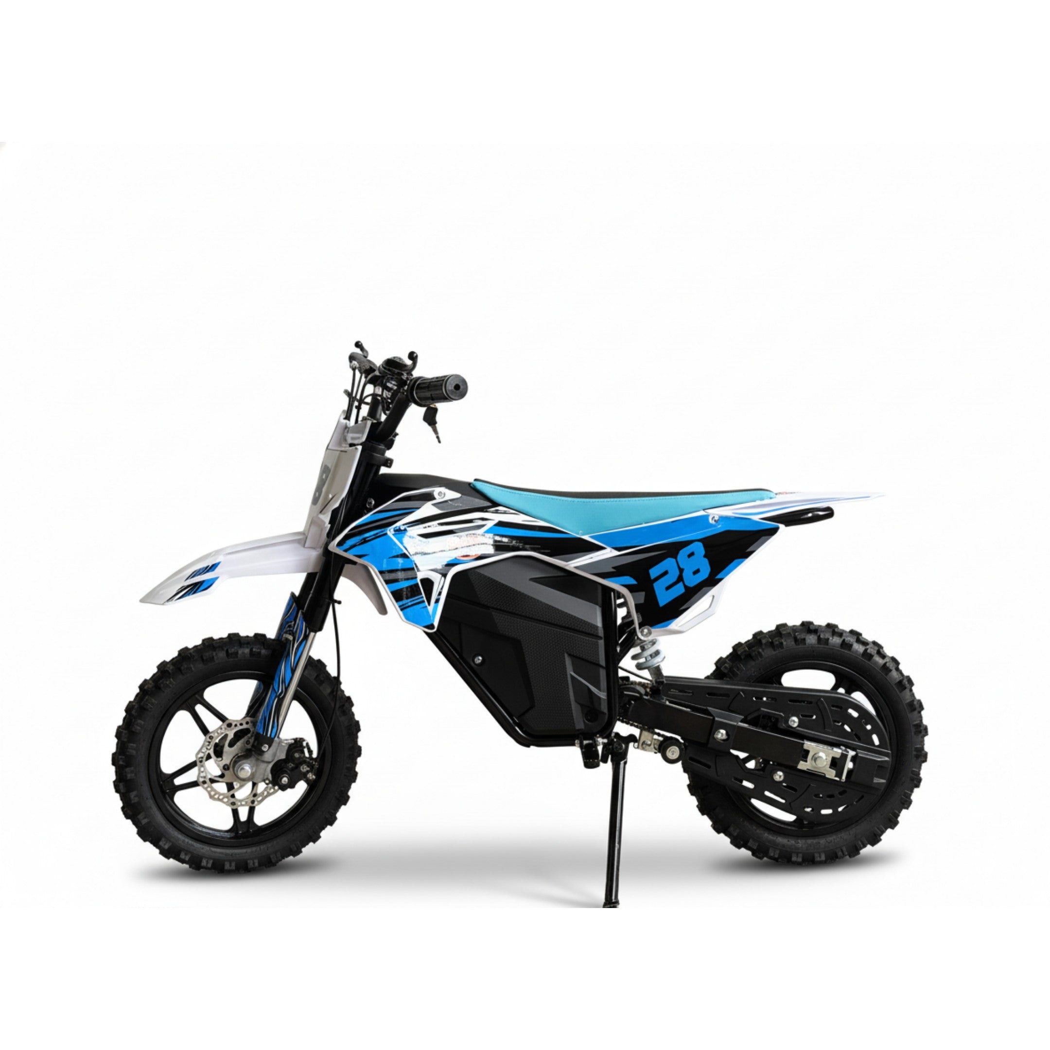 Children's dirt bike with blue and black design on a white background