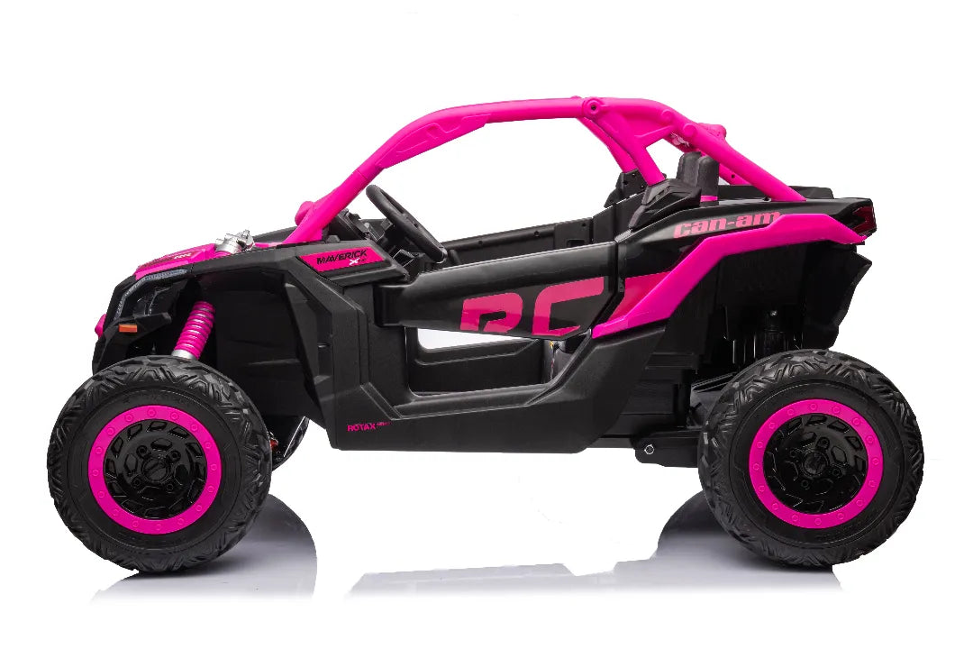 Pink and black 24V 800W licensed Can-Am Maverick 4x4 kids ride-on UTV buggy with rugged off-road tires
