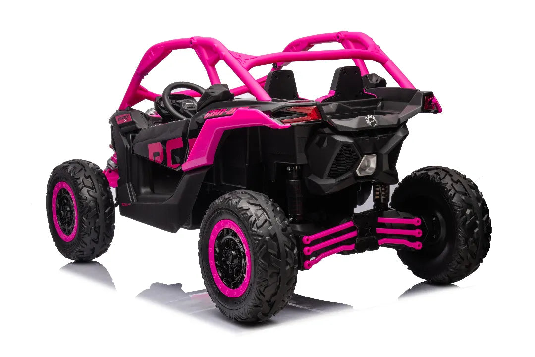 Rear view of pink 24V 800W licensed Can-Am Maverick 4x4 kids ride-on UTV buggy with rugged tires and two seats