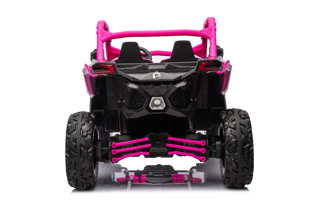 Rear view of pink 24V 800W licensed Can-Am Maverick 4x4 kids ride-on UTV buggy with large off-road tires and suspension system.