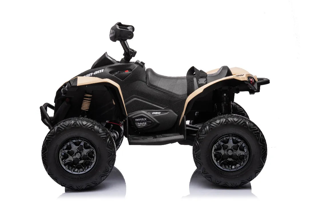 24V 800W licensed Can-Am Renegade 4x4 kids ATV in khaki with rugged tires and detailed body design for ages 3-10
