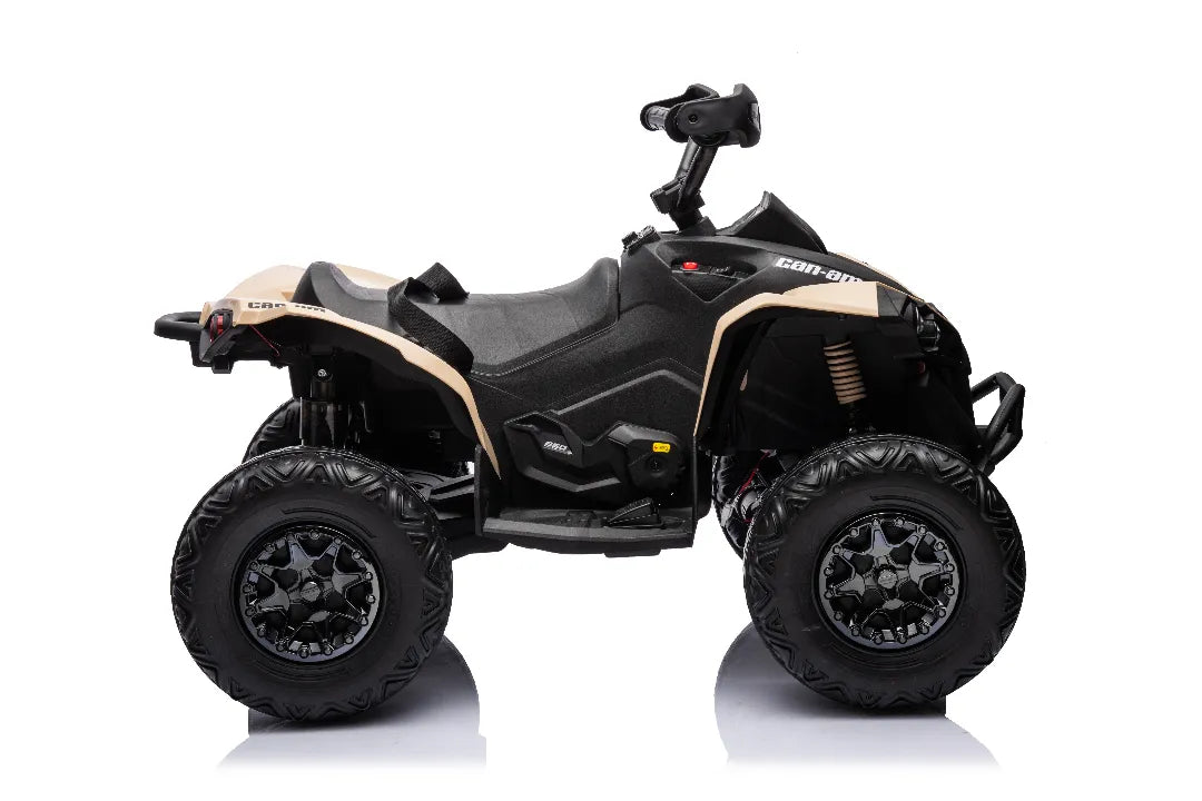 Side view of 24V 800W khaki Can-Am Renegade 4x4 licensed kids’ ride-on ATV quad bike with rugged tires