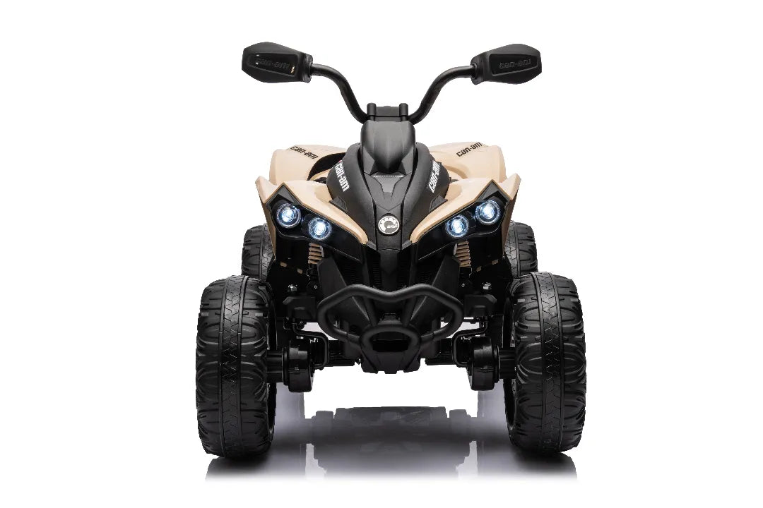 Front view of 24V 800W licensed Can-Am Renegade 4x4 ATV quad bike in khaki for kids with rugged tires and LED headlights