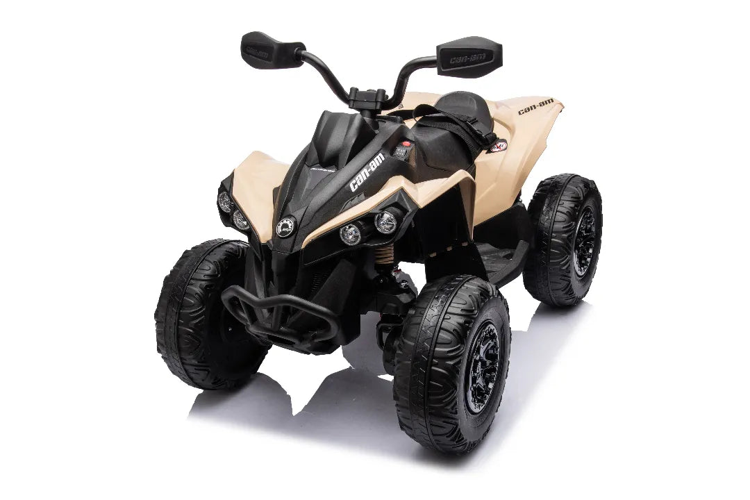 24V 800W licensed Can-Am Renegade 4x4 ATV quad bike in khaki with rugged tires and detailed handlebars for kids