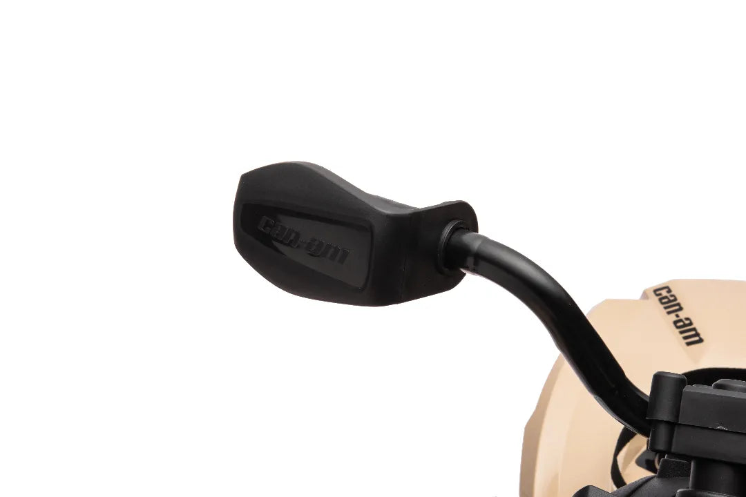 Close-up of black rearview mirror and black handlebar on khaki 24V licensed Can-Am Renegade 4x4 ATV quad bike