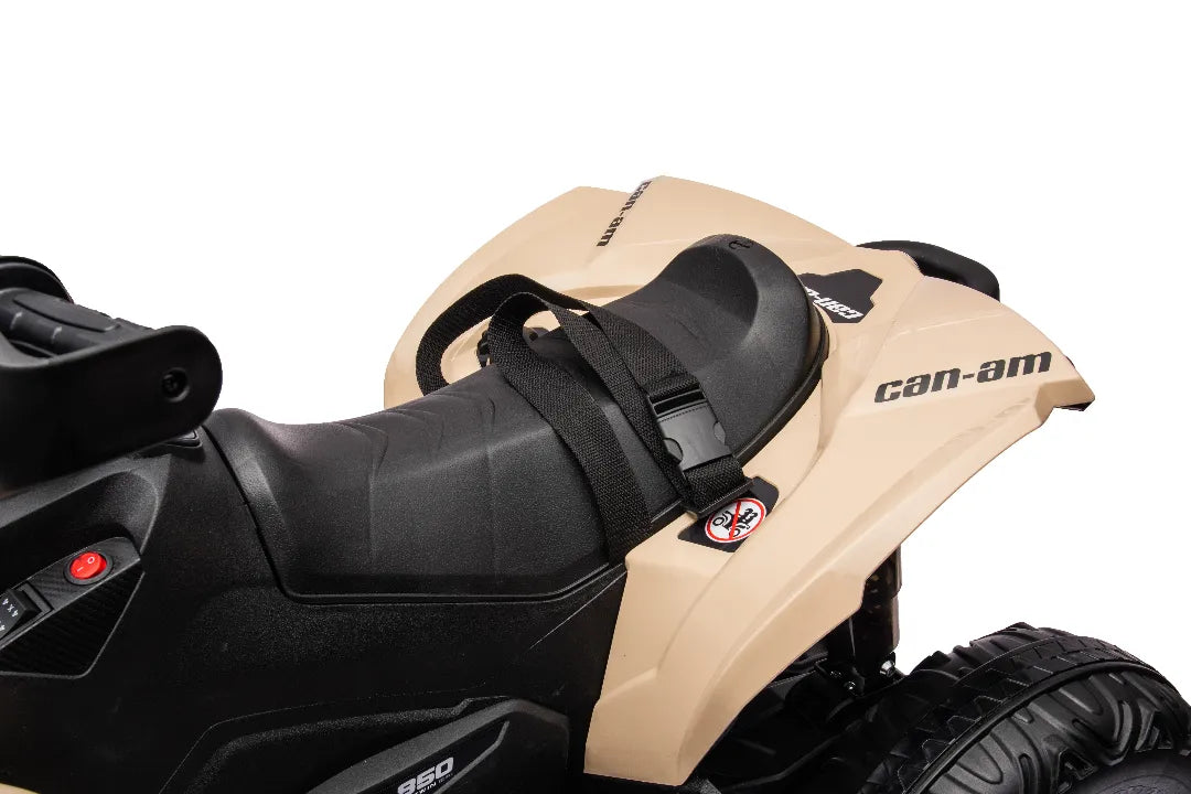 Close-up of black seat and khaki rear fender on 24V licensed Can-Am Renegade 4x4 kids ATV quad bike