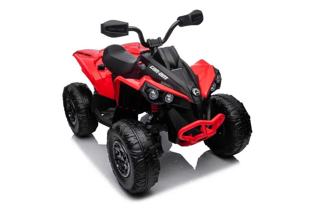 Red licensed 24V Can-Am Renegade 4x4 ride-on quad bike with four 200W motors and rugged black tires.