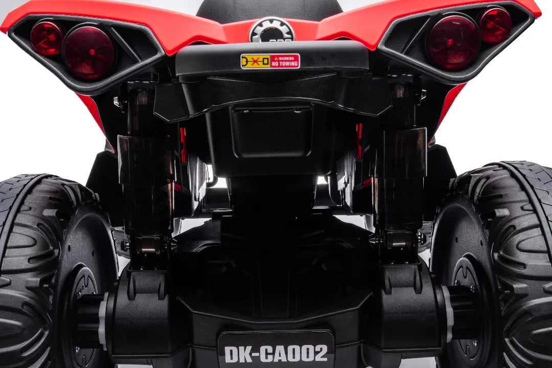 Rear close-up of red licensed 24V Can-Am Renegade ATV quad bike showing suspension, tires, and taillights.