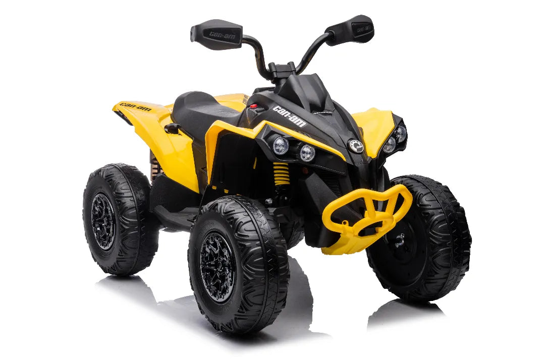 Yellow 24V Can-Am Renegade ride-on ATV quad bike with four 200W motors and rugged black tires for kids outdoors