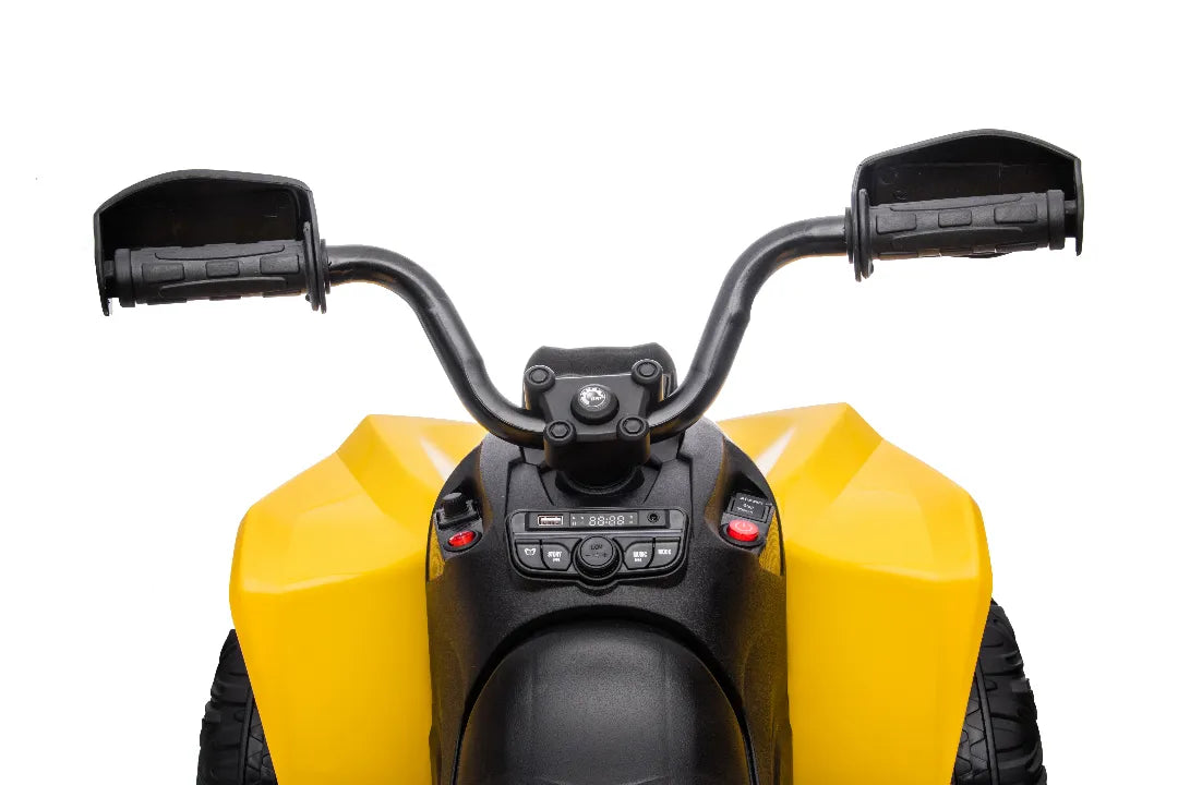 Handlebar and dashboard control panel of yellow 24V Can-Am Renegade ride-on quad bike 4x4 for kids.