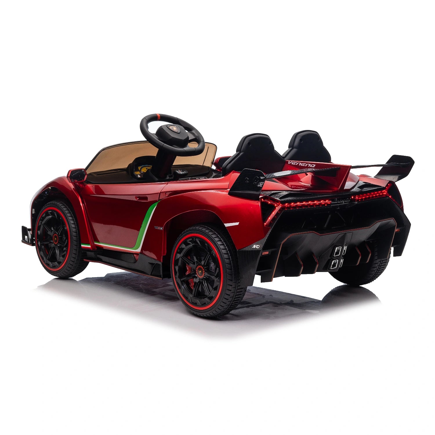 Red spray-painted licensed Lamborghini Veneno kids ride-on car with black seats and sporty rear spoiler