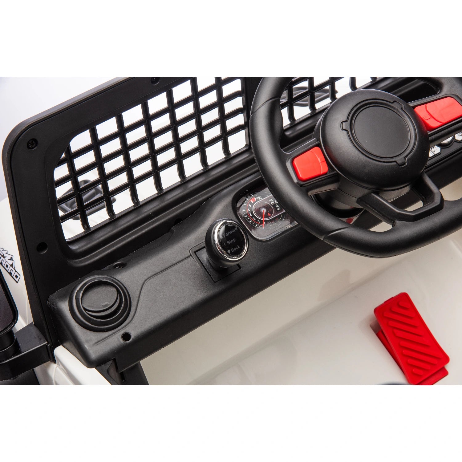 Close-up of black steering wheel with red buttons and dashboard controls in white 12V ride-on jeep kids electric car