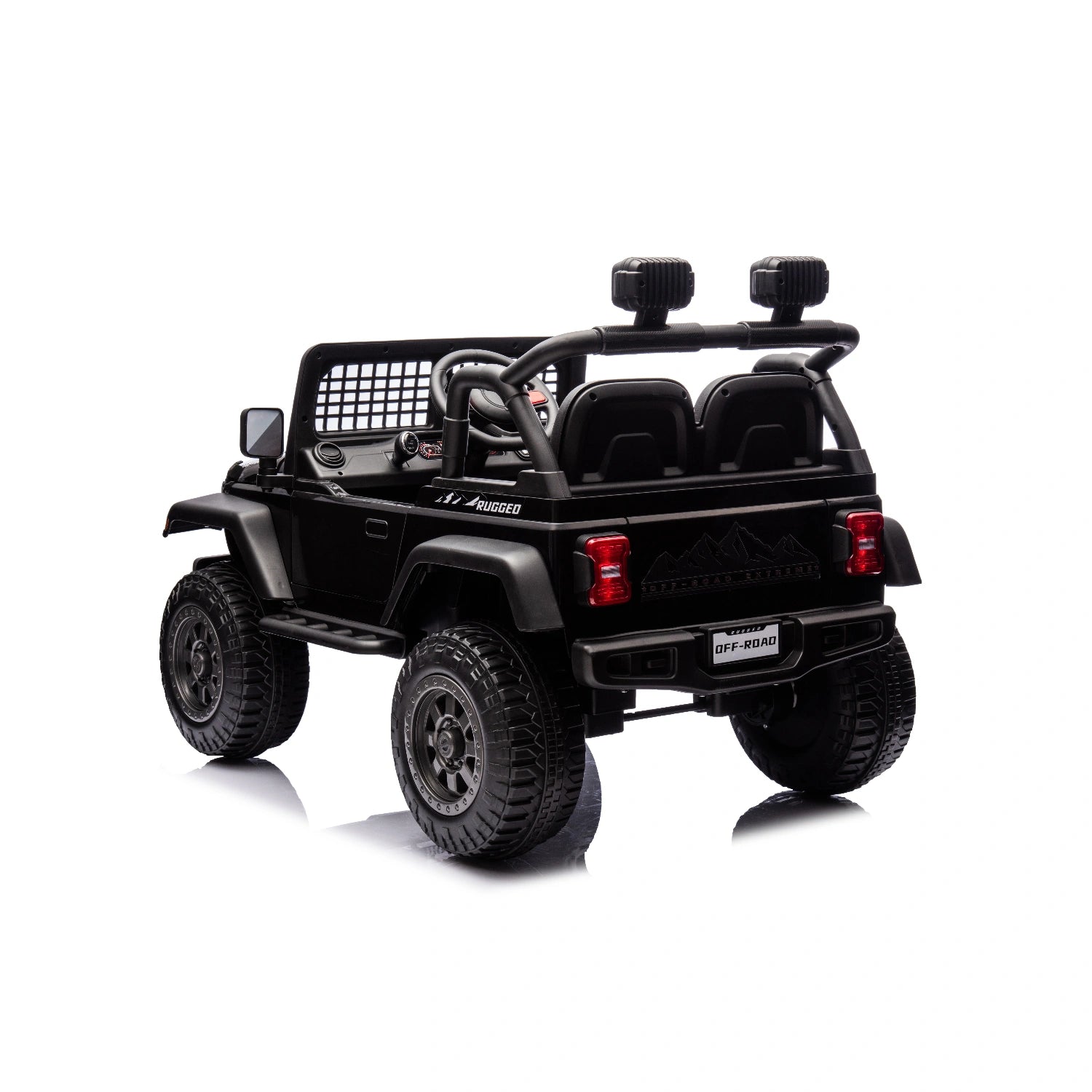 Rear angle of black 12V Jeep-style ride-on toy car for kids with off-road tires, dual seats, and roof lights