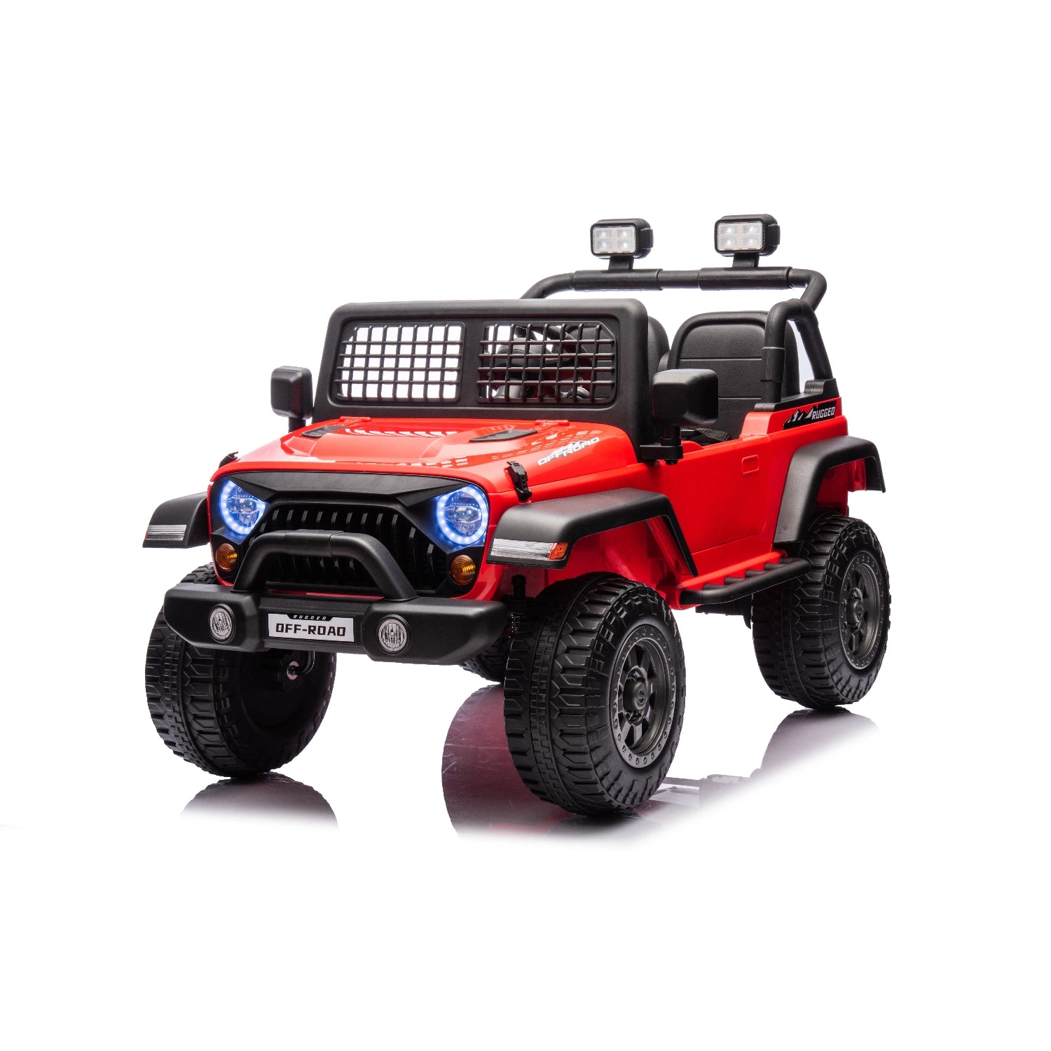 Red 12V off-road electric ride-on jeep for kids with dual motors, LED lights, rugged tires, and black seats