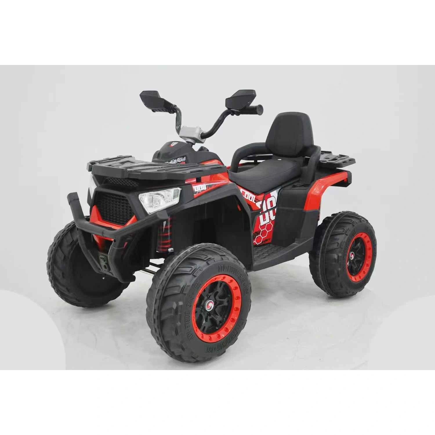 Red 12V kids quad bike with 4WD motors, LED lights, rugged tires, and black seat for children 3 years and up