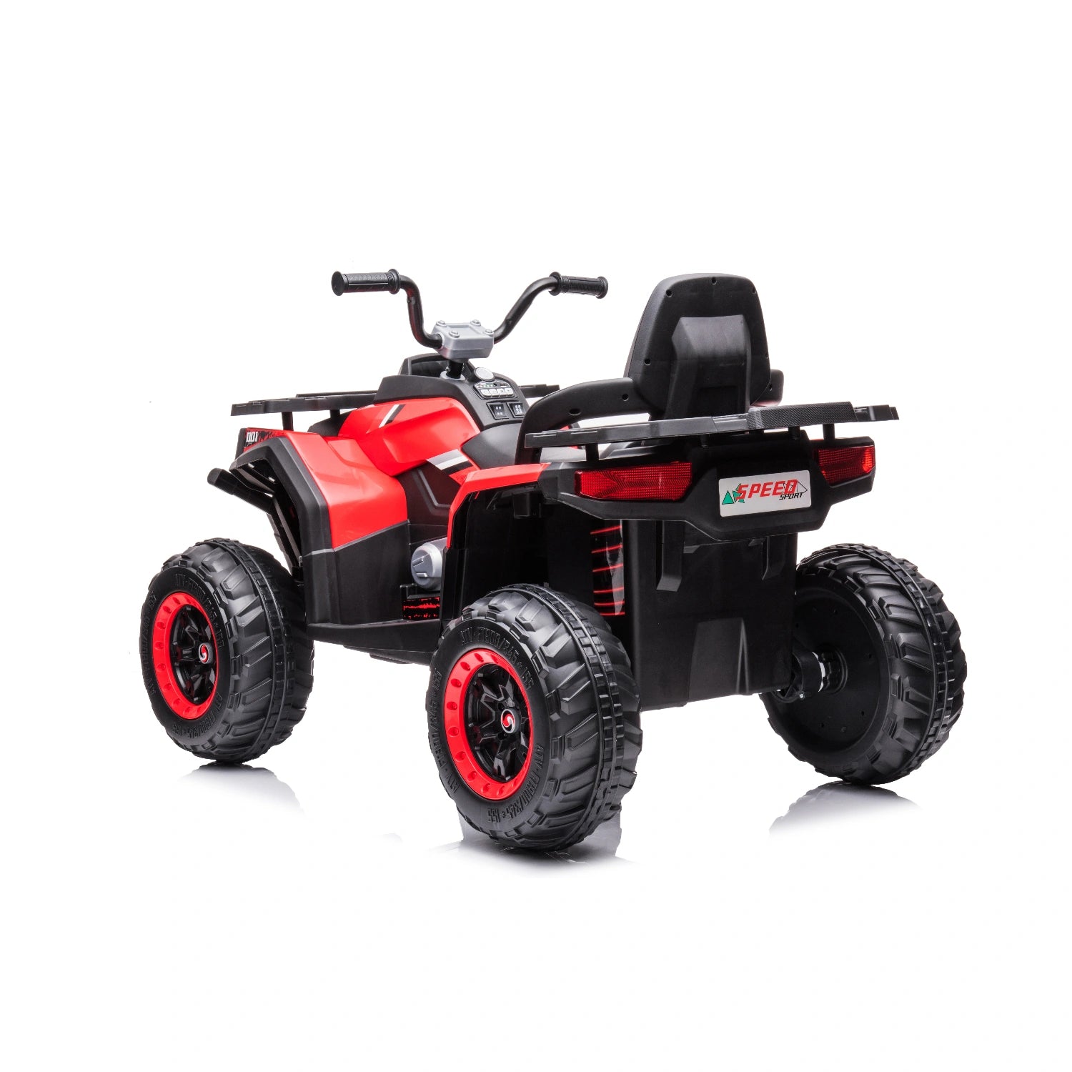 Rear view of red 12V kids quad bike with black seat, 4WD motors, rugged wheels, and LED light details