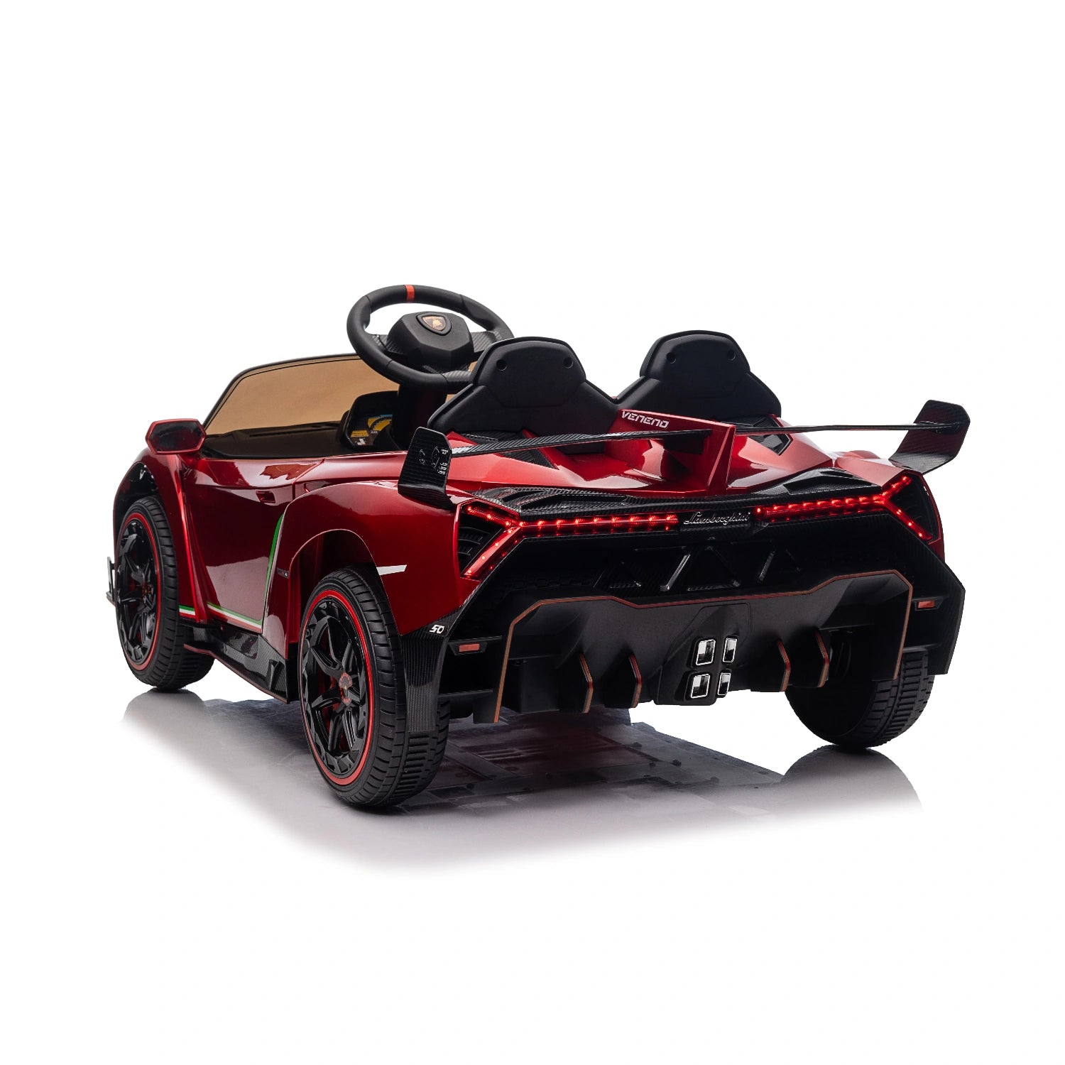 Rear view of red licensed Lamborghini Veneno ride-on car for kids with dual black seats and detailed LED lights
