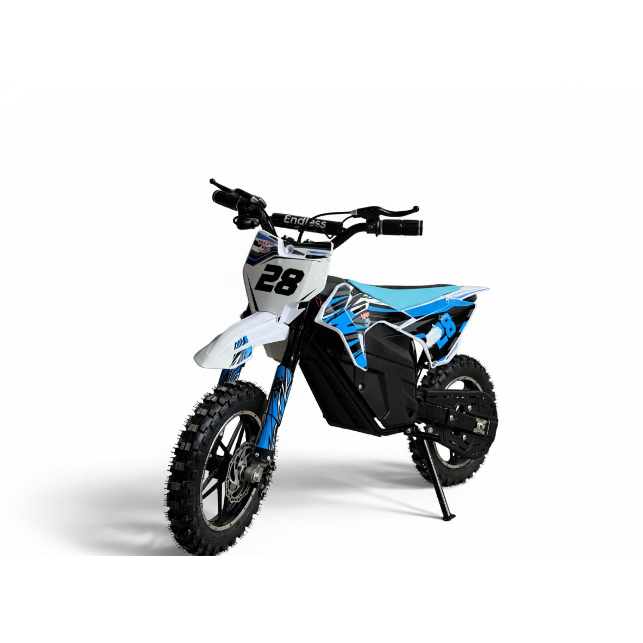 Children's electric dirt bike with blue and black design on a white background