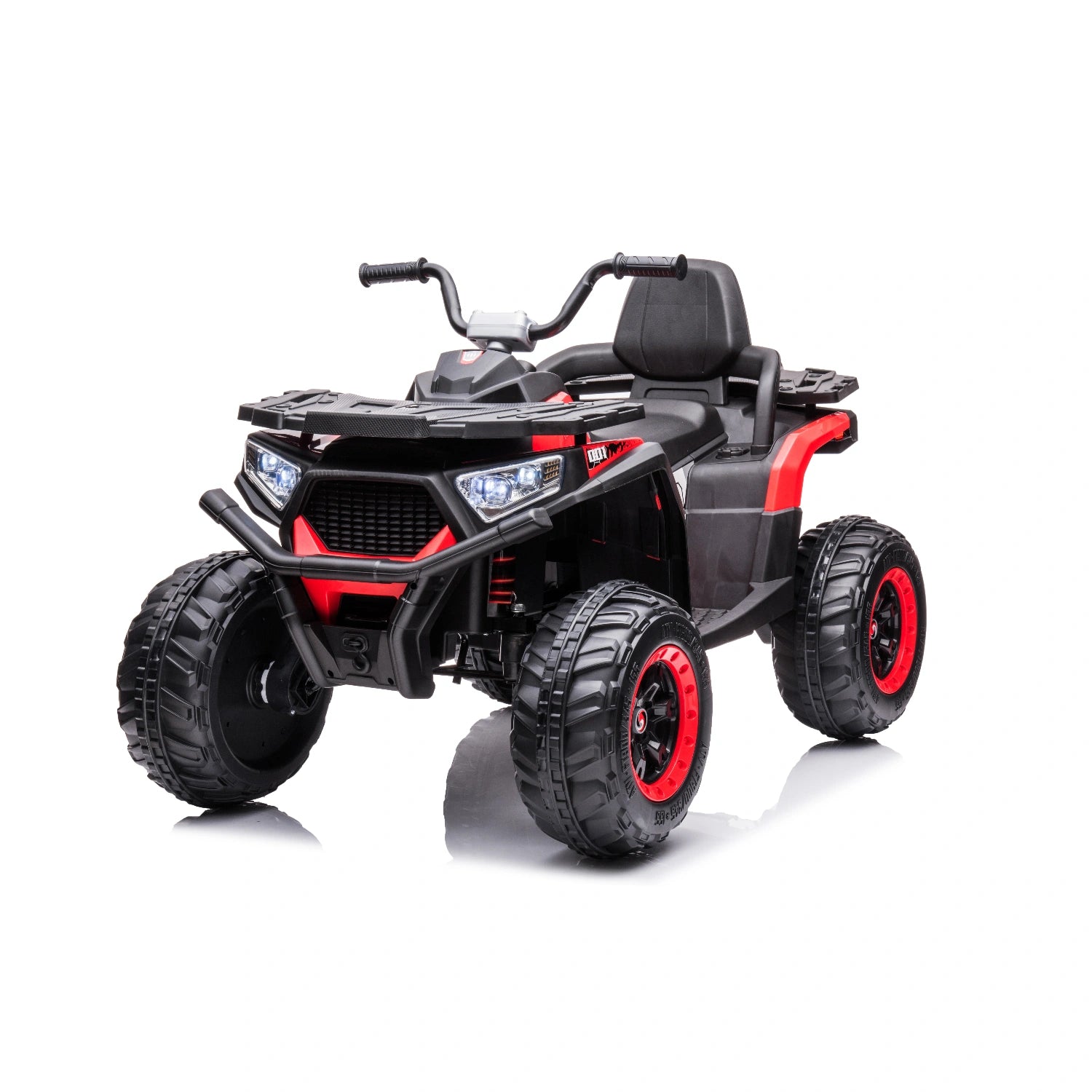 12V red kids quad bike with 4WD motors, LED headlights, rugged tires, and comfortable black seat design