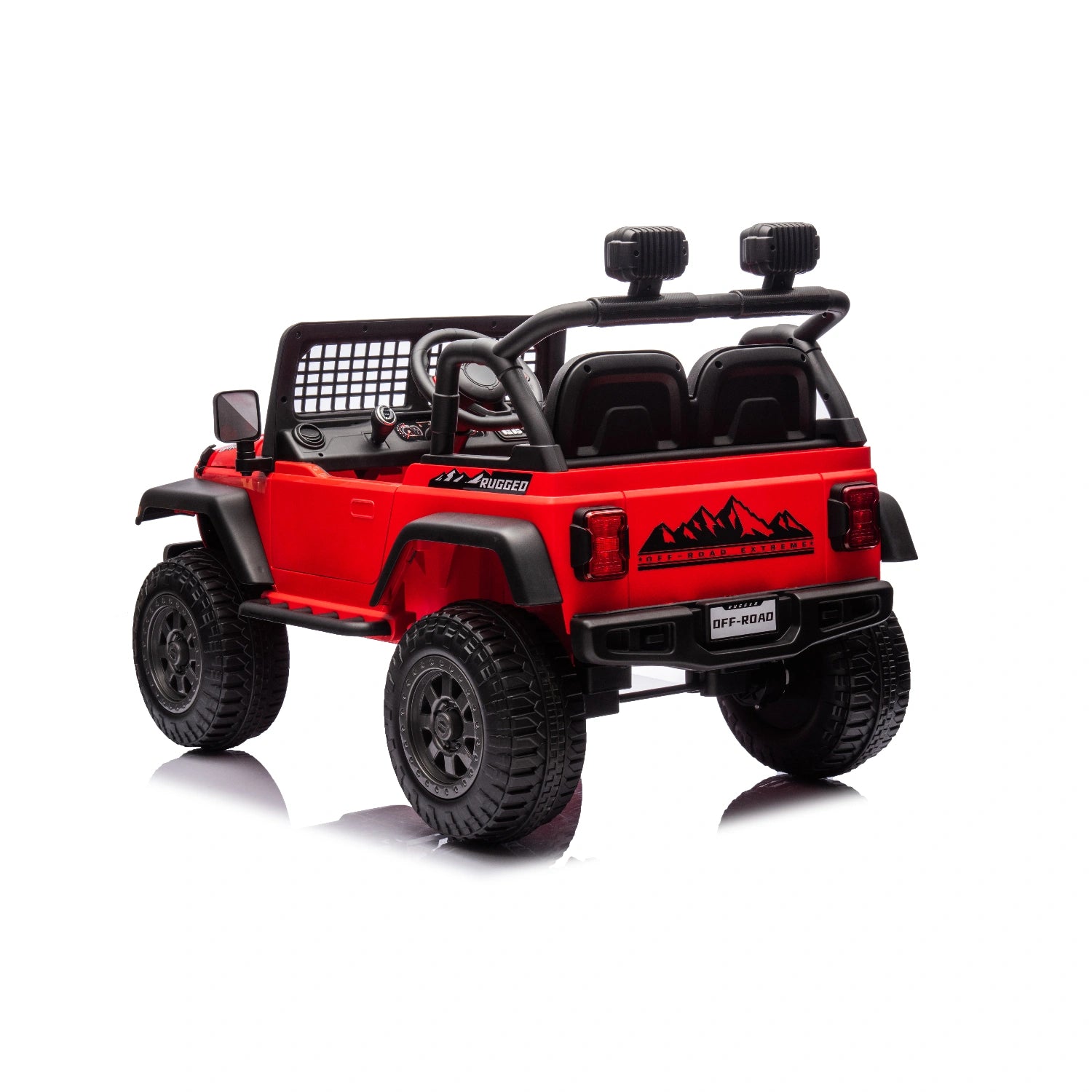 Rear view of red 12V off-road electric jeep ride-on car with rugged tires, dual seats, and roof-mounted lights