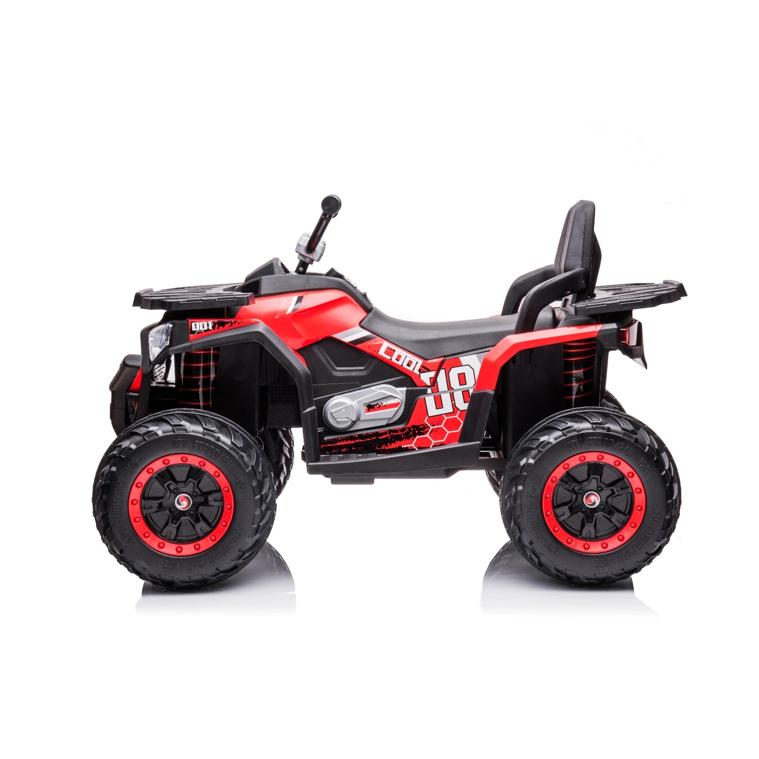 12V red kids quad bike with 4WD, LED lights, black seat, and rugged wheels for children 3 years and up