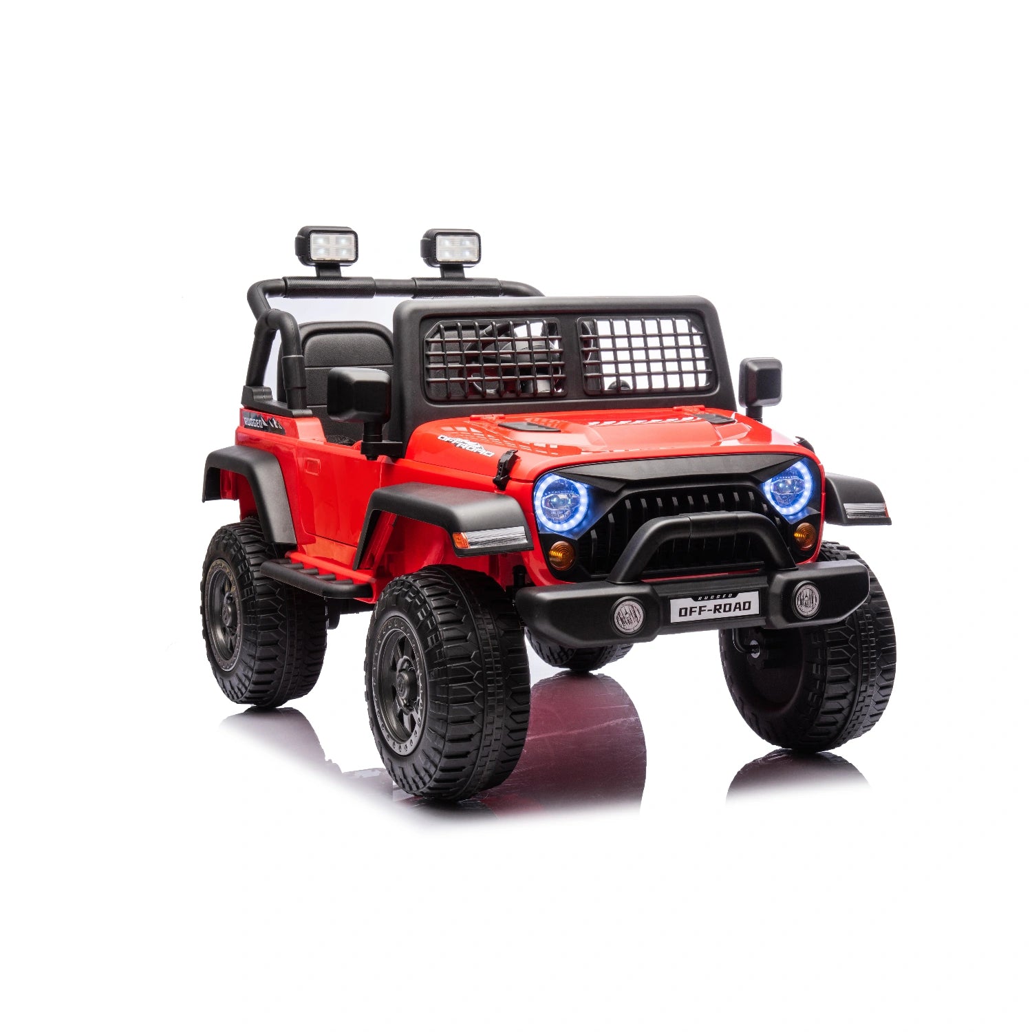 12V red off-road electric Jeep ride-on car for kids with LED lights, dual motors, and rugged tires for outdoor adventure
