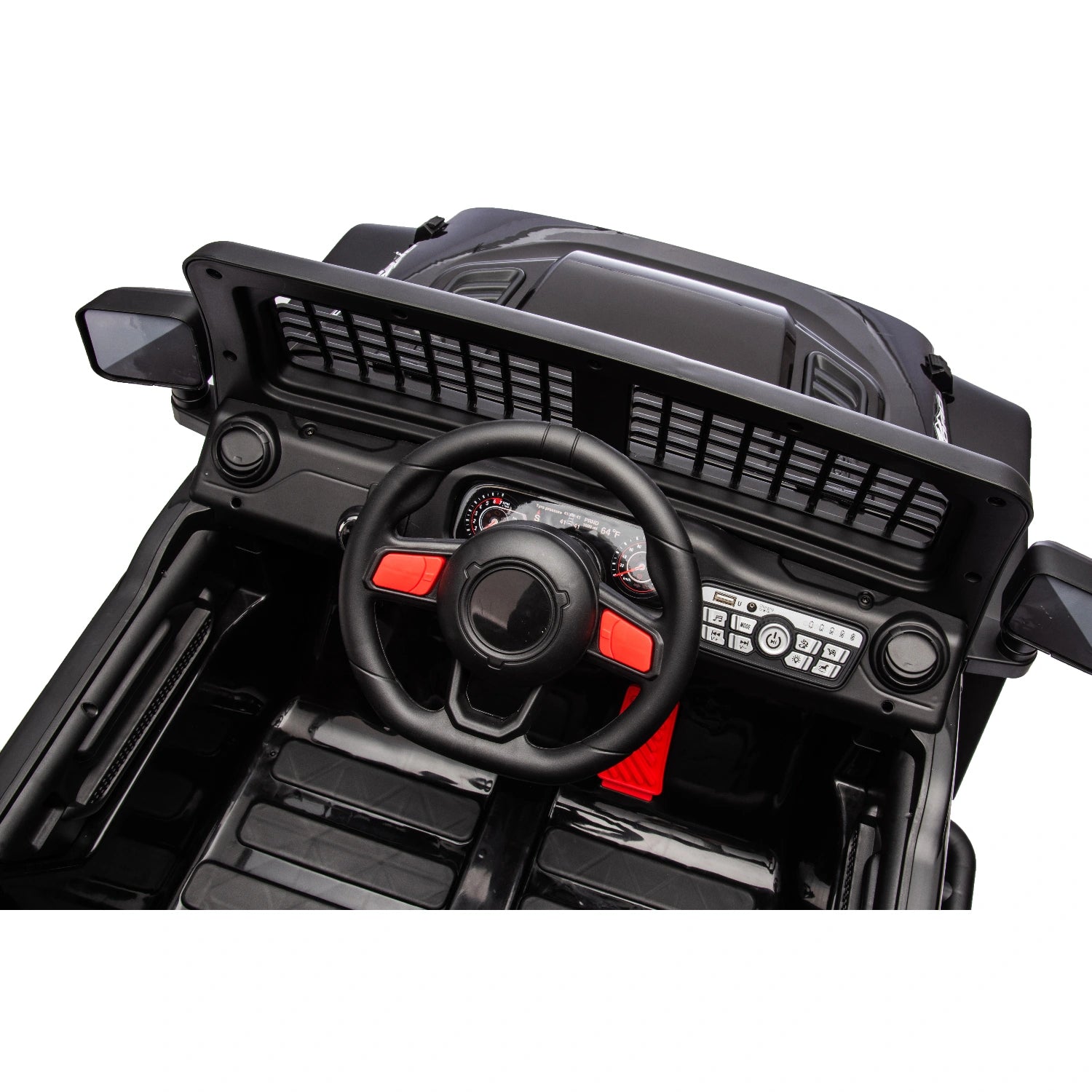 Interior view of black 12V Jeep style ride-on car dashboard with steering wheel, control buttons, and side mirrors visible