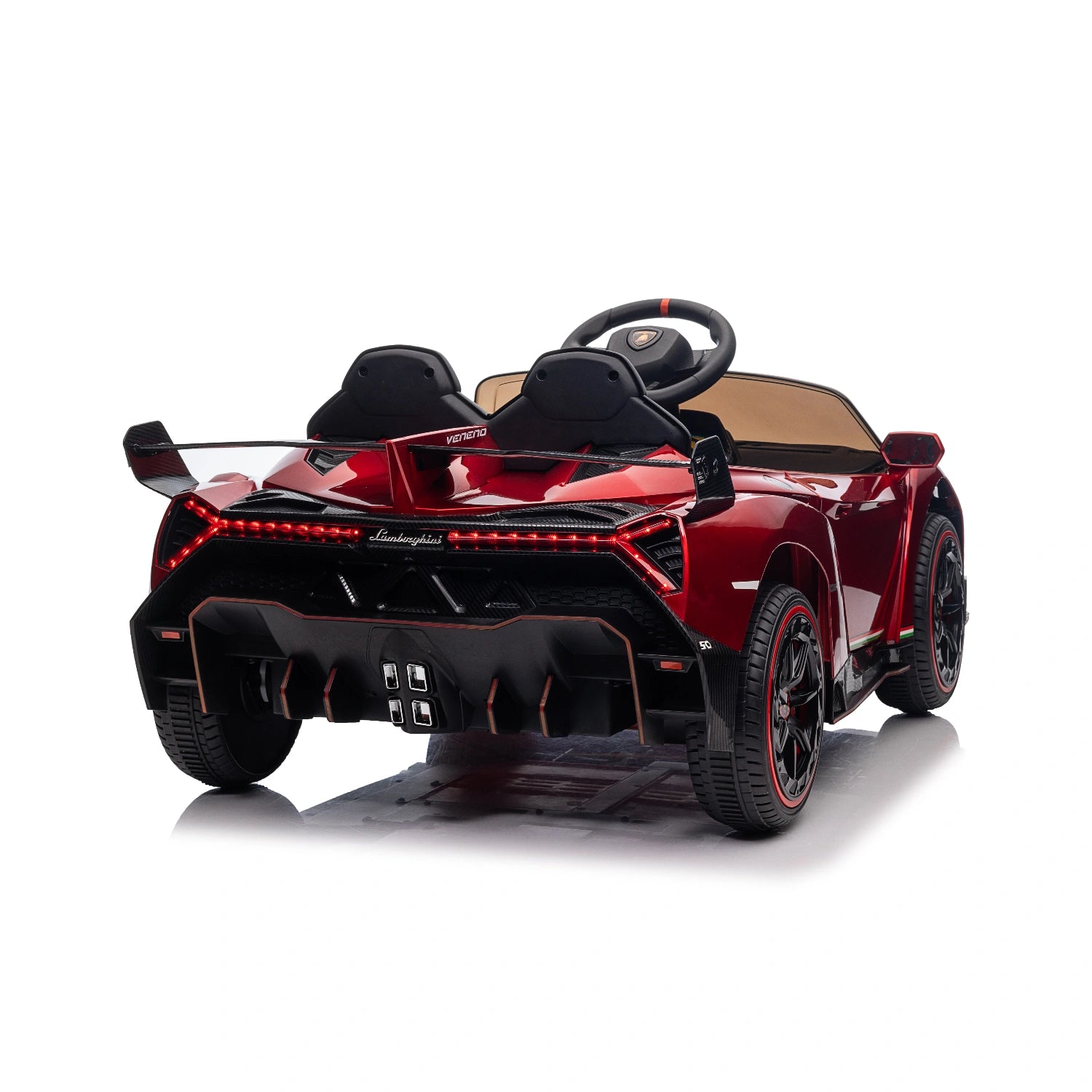 Rear view of red licensed Lamborghini Veneno ride-on car for kids with dual seats and sporty spoiler design
