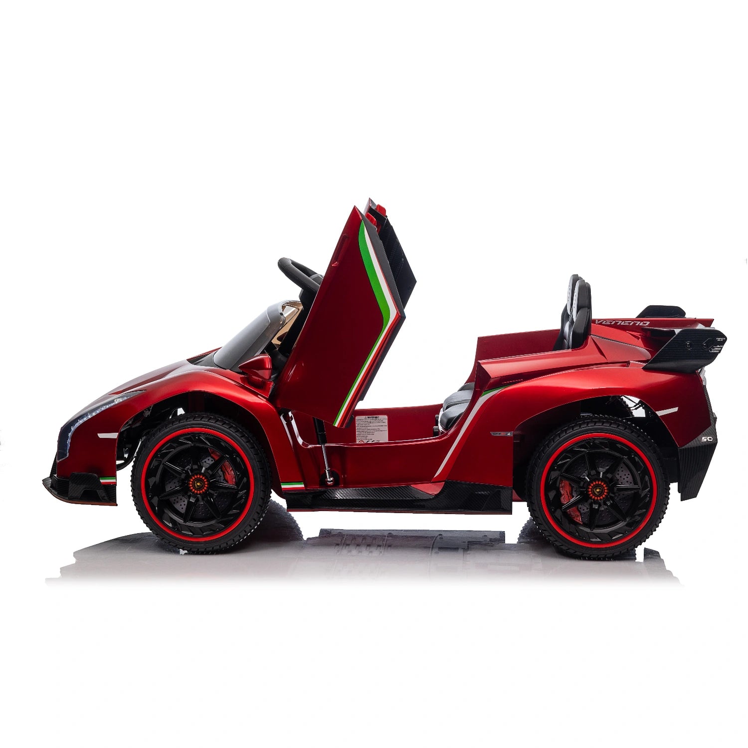 Side view of red licensed Lamborghini Veneno kids ride-on car with upward-opening doors and black wheels with red trim
