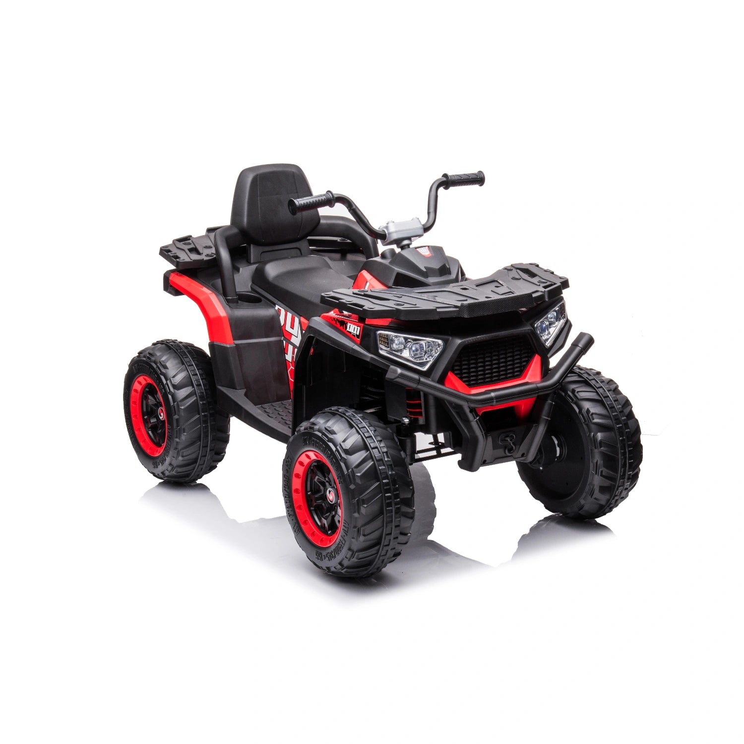 12V red kids quad bike with 4WD 390 motors, LED lights, rugged tires, and comfortable black seat for children 3+ years