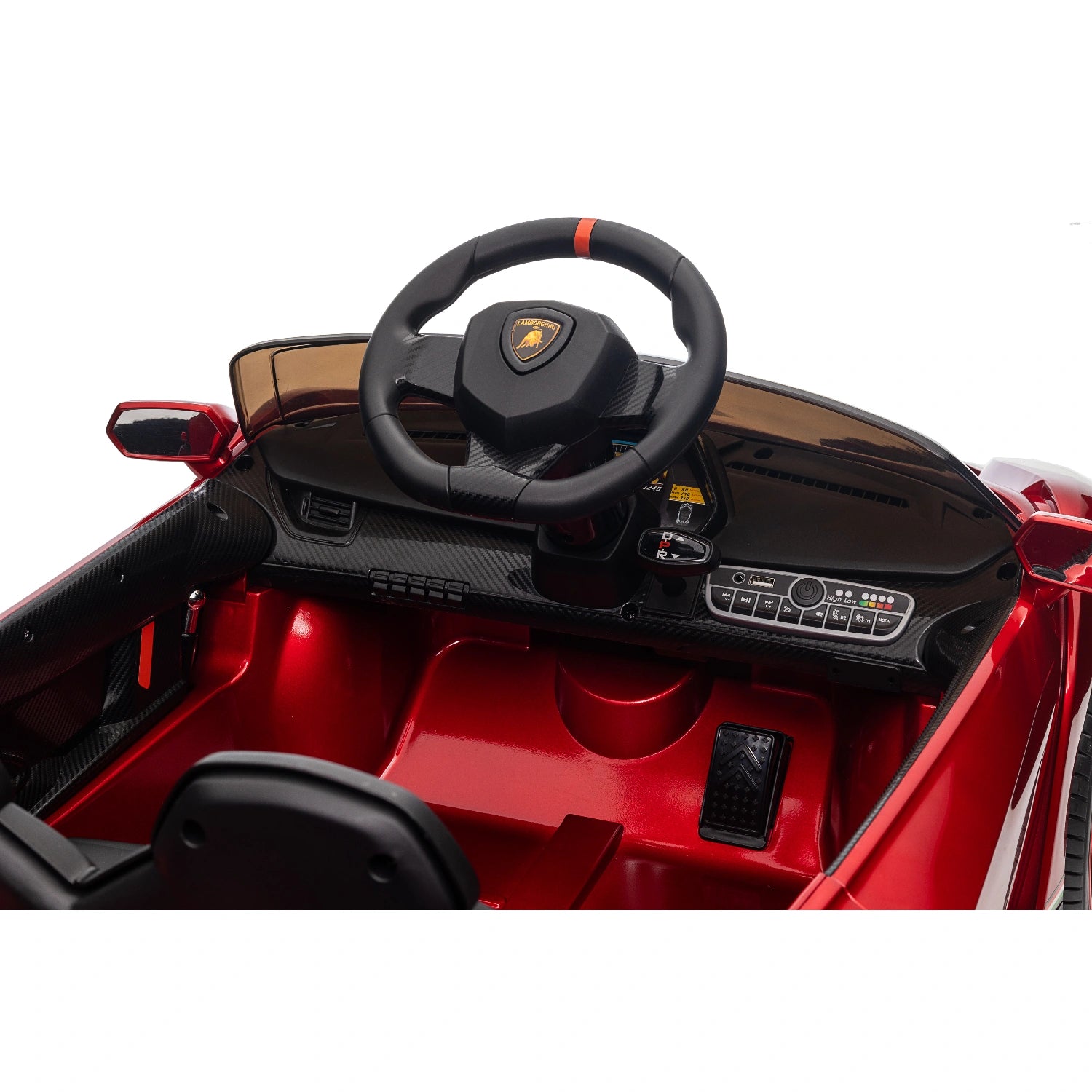 Interior dashboard and steering wheel of red licensed Lamborghini Veneno kids ride-on car with control buttons and pedal visible