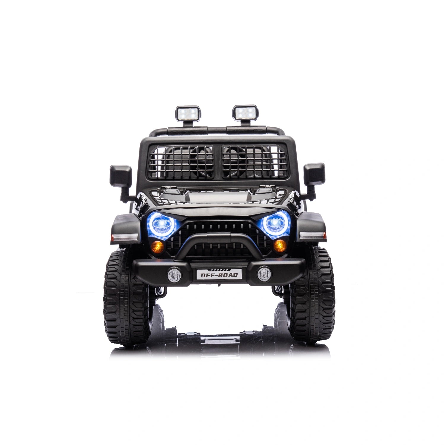 Front view of black 12V Jeep-style ride-on toy car for kids with LED headlights and off-road tires