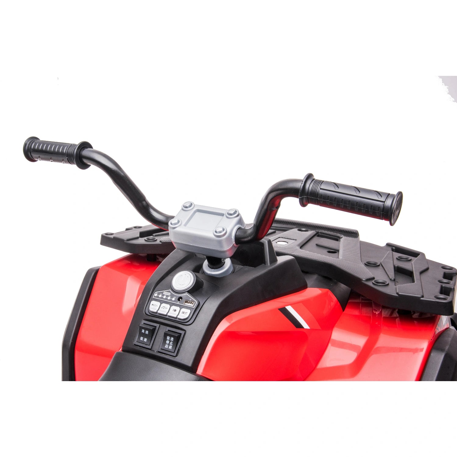 Close-up of handlebars and control panel on red 12V kids quad bike with black grips and rugged plastic body